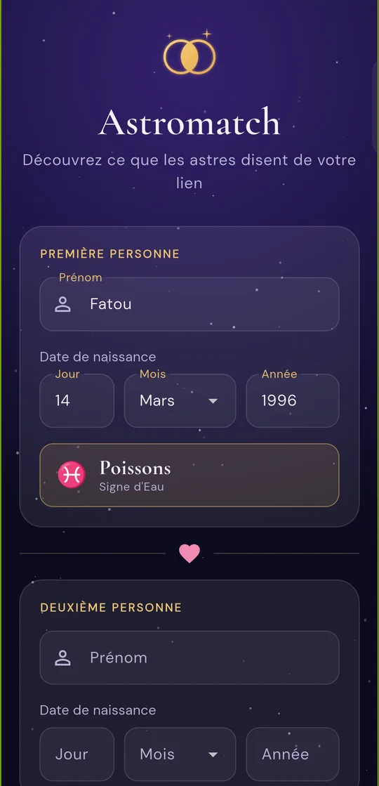 Écran de saisie : prénom et date de naissance en jour, mois et année, signe Poissons détecté